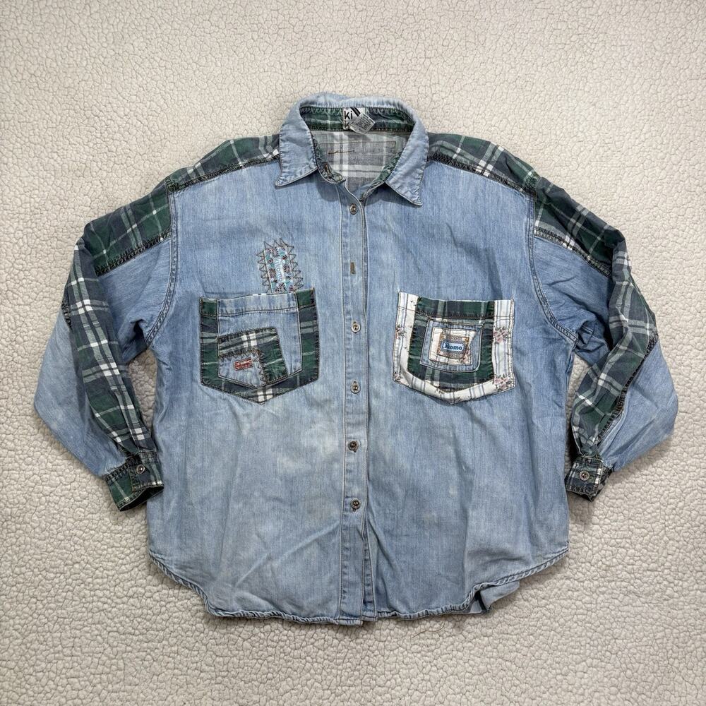 KiKomo Vintage 90s Patchwork Denim Shirt Womens 20W Plaid Geometric Button-Up‎